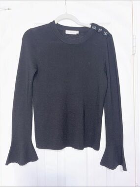 Tory Burch Black Bell-Sleeve Knit Top with Shoulder Buttons. Size Medium
